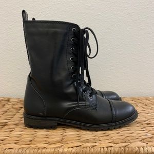Black Faux Leather Lace Up Combat Boots